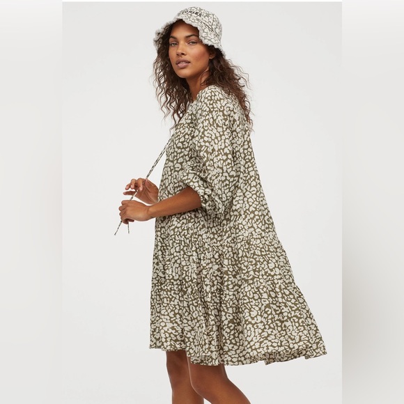 H&M hm Tiered Patterned Wide-cut V neck Tunic Mini Dress Cotton Cover Up XS NWT - Picture 4 of 16